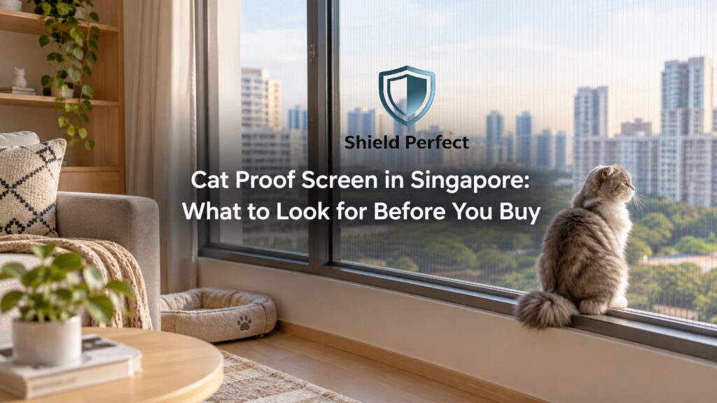 Modern HDB-style living room with a Scottish Fold cat sitting beside a sliding window fitted with a subtle cat-proof mesh screen, overlooking Singapore city buildings, with the title “Cat Proof Screen in Singapore: What to Look for Before You Buy