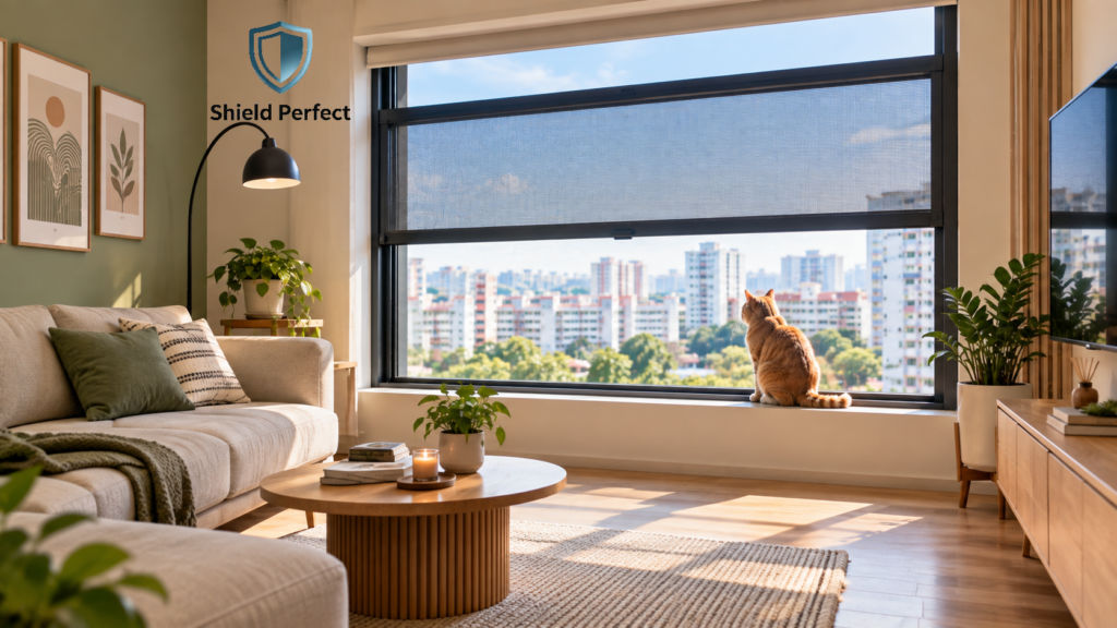 Magic Cat Mesh installed on HDB window keeping cat safe in Singapore home