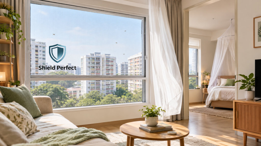 Modern HDB apartment living room with a magnetic mesh insect screen fitted to a large window, sunlight, sheer curtains, and a mosquito net over a bed in the background.