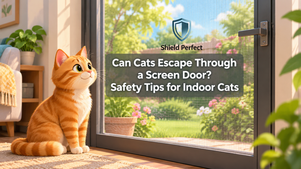 Orange tabby cat safely sitting behind a secure screen door while looking at a sunny garden