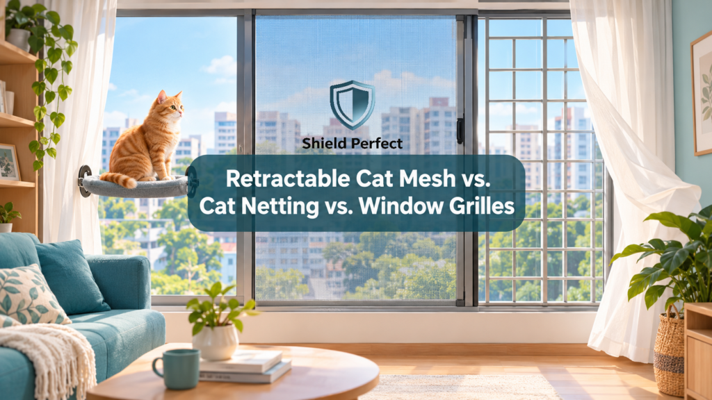 Ginger cat on HDB window protected by retractable cat mesh in Singapore, comparing mesh, netting and grilles